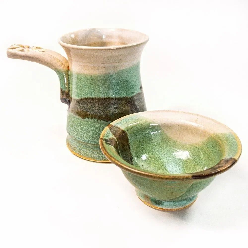 Artisan Studio Ceramic Sake Set/Pitcher and Cup Turquoise Brown Earthenware